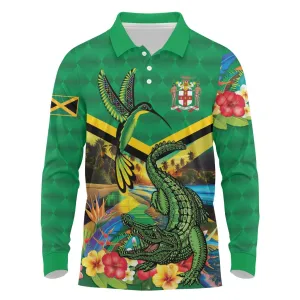 African Jamaica Personalized Long Sleeve Polo Shirt Hummingbird and Crocodiles Tropical LT9