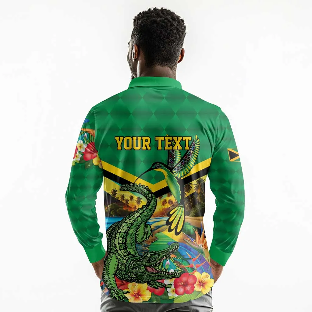 African Jamaica Personalized Long Sleeve Polo Shirt Hummingbird and Crocodiles Tropical LT9