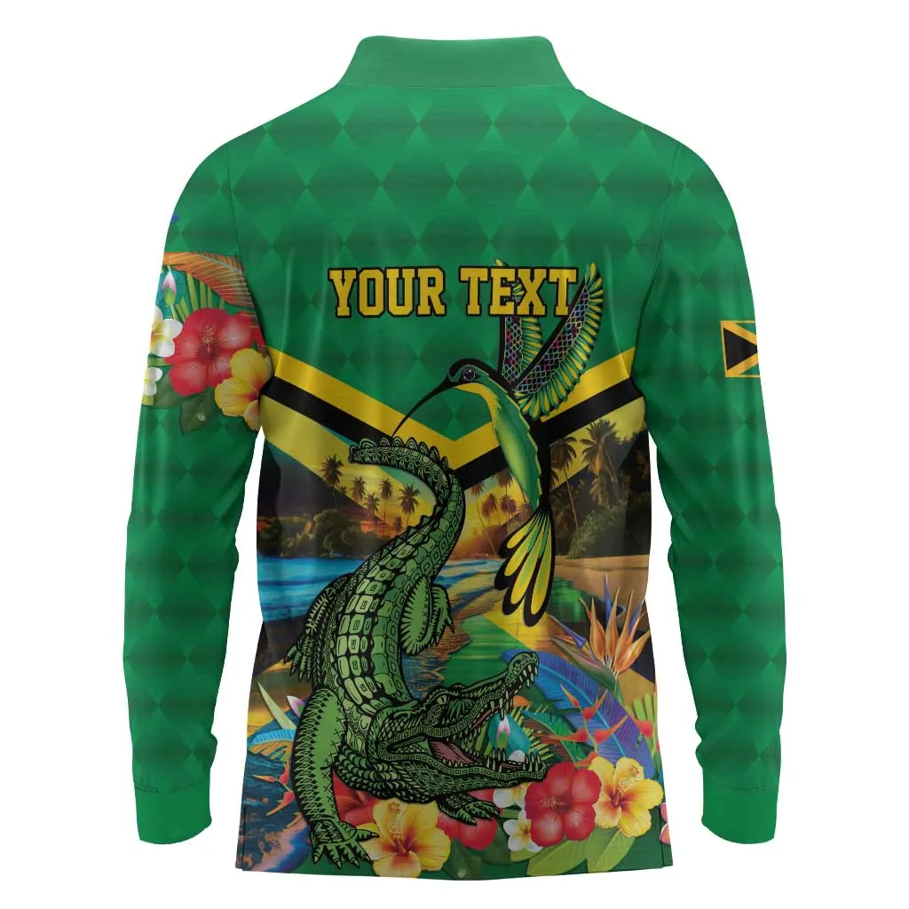African Jamaica Personalized Long Sleeve Polo Shirt Hummingbird and Crocodiles Tropical LT9