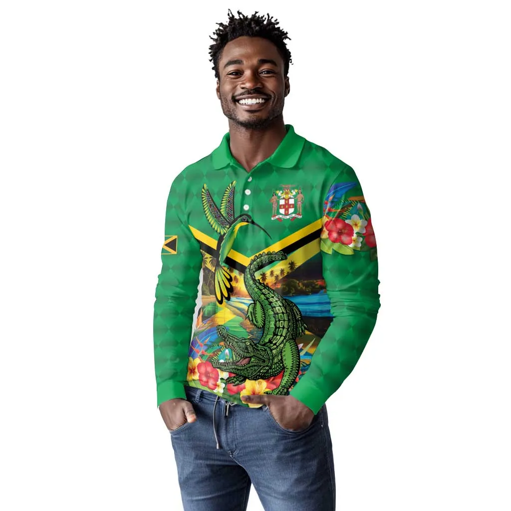 African Jamaica Personalized Long Sleeve Polo Shirt Hummingbird and Crocodiles Tropical LT9