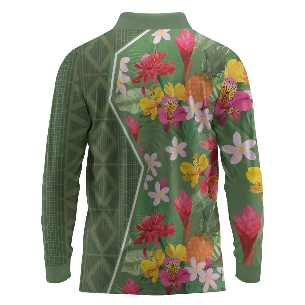 Afro Tropical Flowers Long Sleeve Polo Shirt Green Version LT18