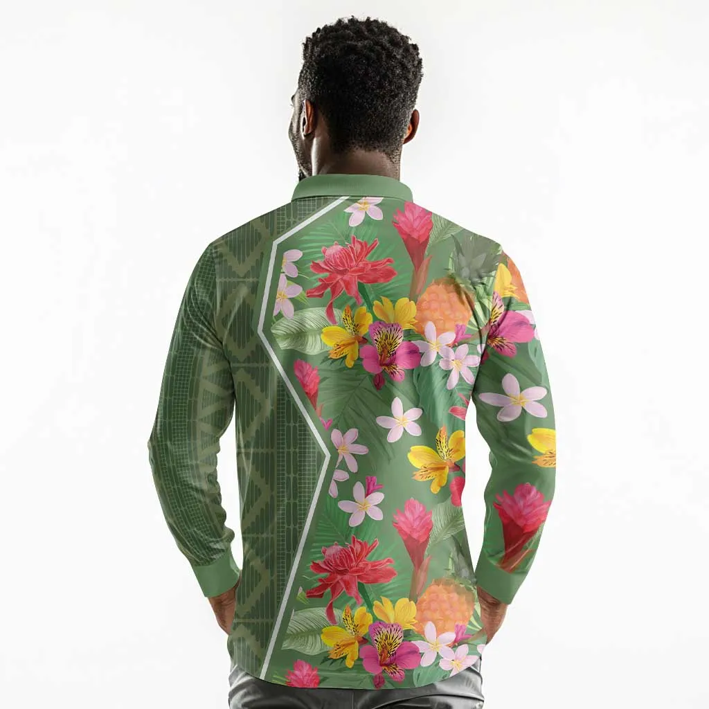 Afro Tropical Flowers Long Sleeve Polo Shirt Green Version LT18