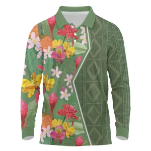 Afro Tropical Flowers Long Sleeve Polo Shirt Green Version LT18