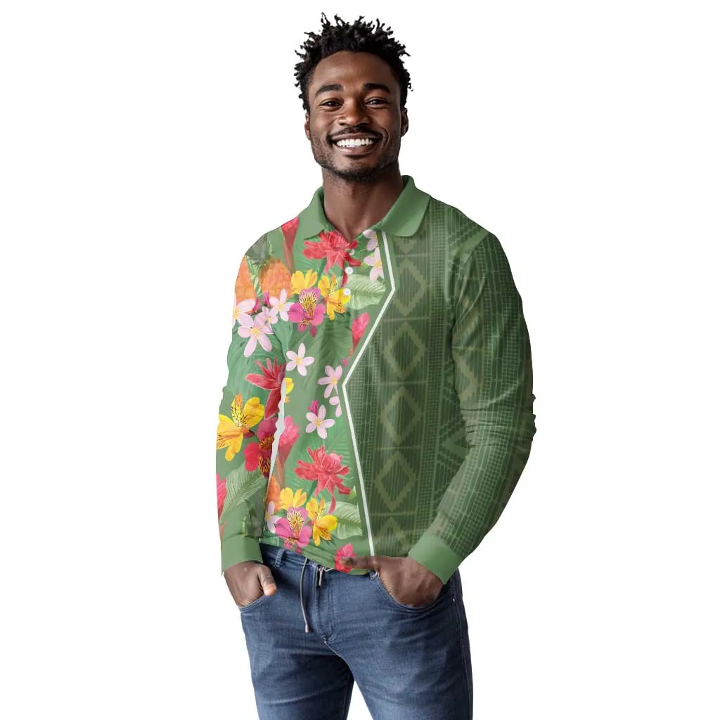 Afro Tropical Flowers Long Sleeve Polo Shirt Green Version LT18