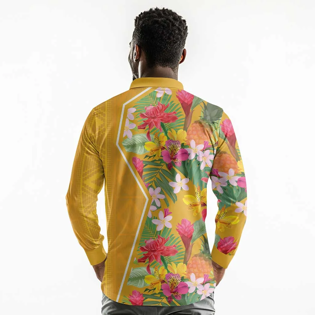Afro Tropical Flowers Long Sleeve Polo Shirt Yellow Version LT18