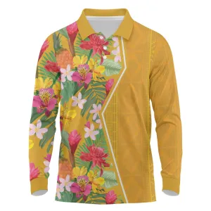 Afro Tropical Flowers Long Sleeve Polo Shirt Yellow Version LT18