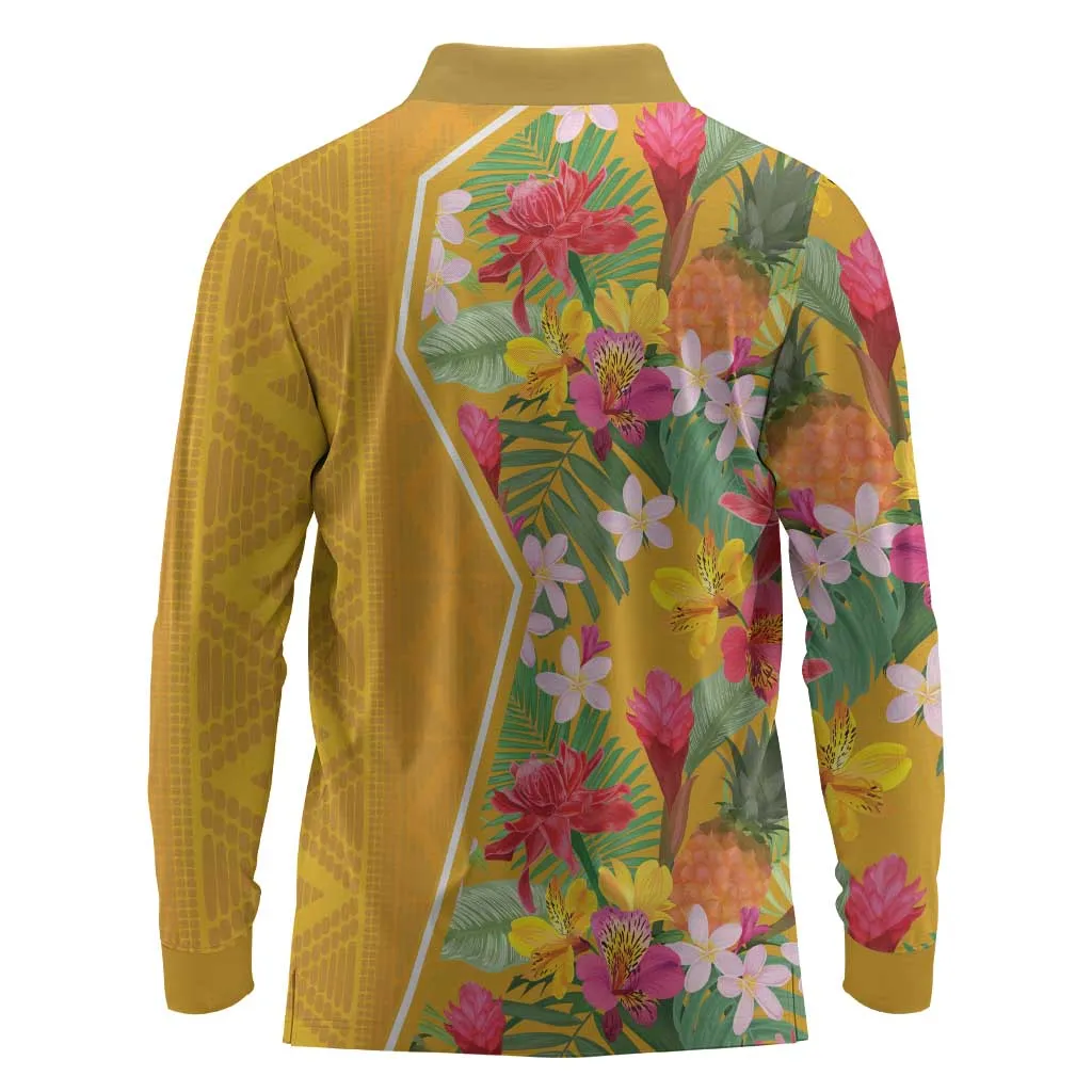 Afro Tropical Flowers Long Sleeve Polo Shirt Yellow Version LT18