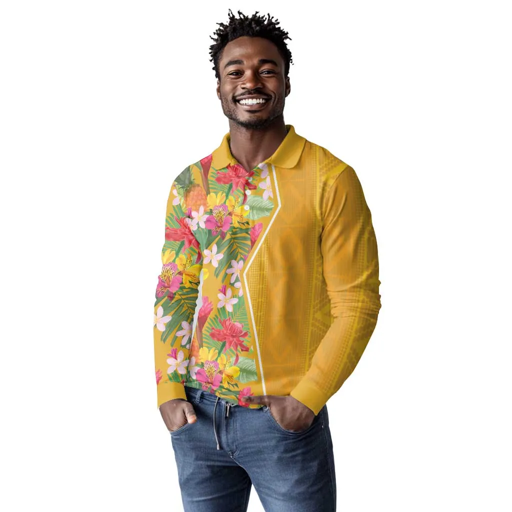 Afro Tropical Flowers Long Sleeve Polo Shirt Yellow Version LT18