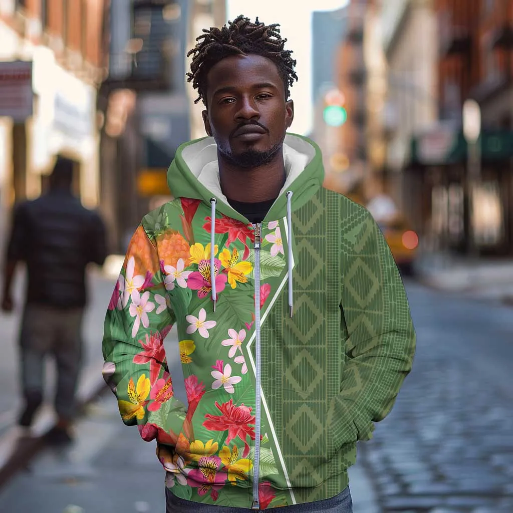 Afro Tropical Flowers Zip Hoodie Green Version LT18