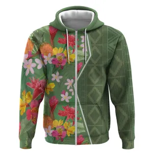 Afro Tropical Flowers Zip Hoodie Green Version LT18