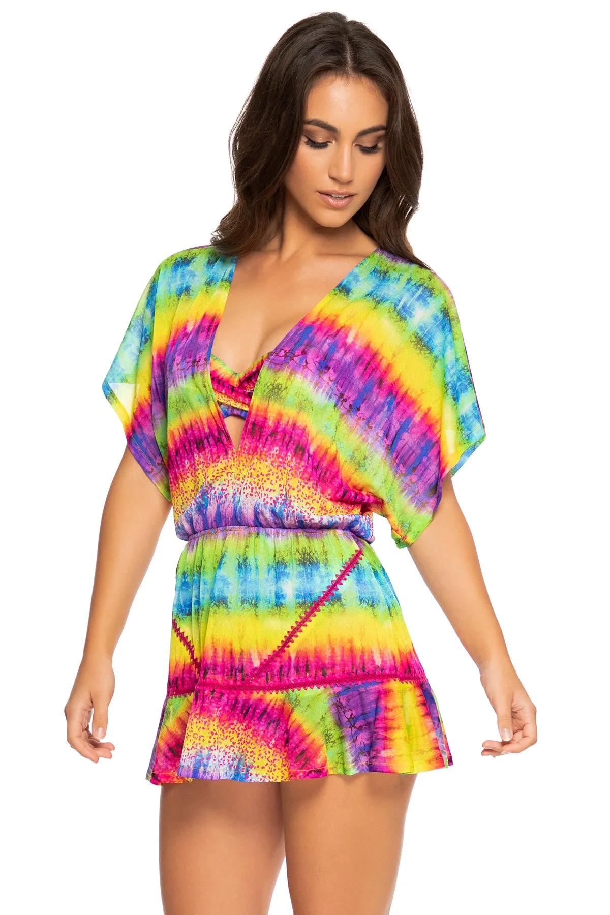 AFTERGLOW   Playera Stitched V neck Ruffle Dress • Multicolor