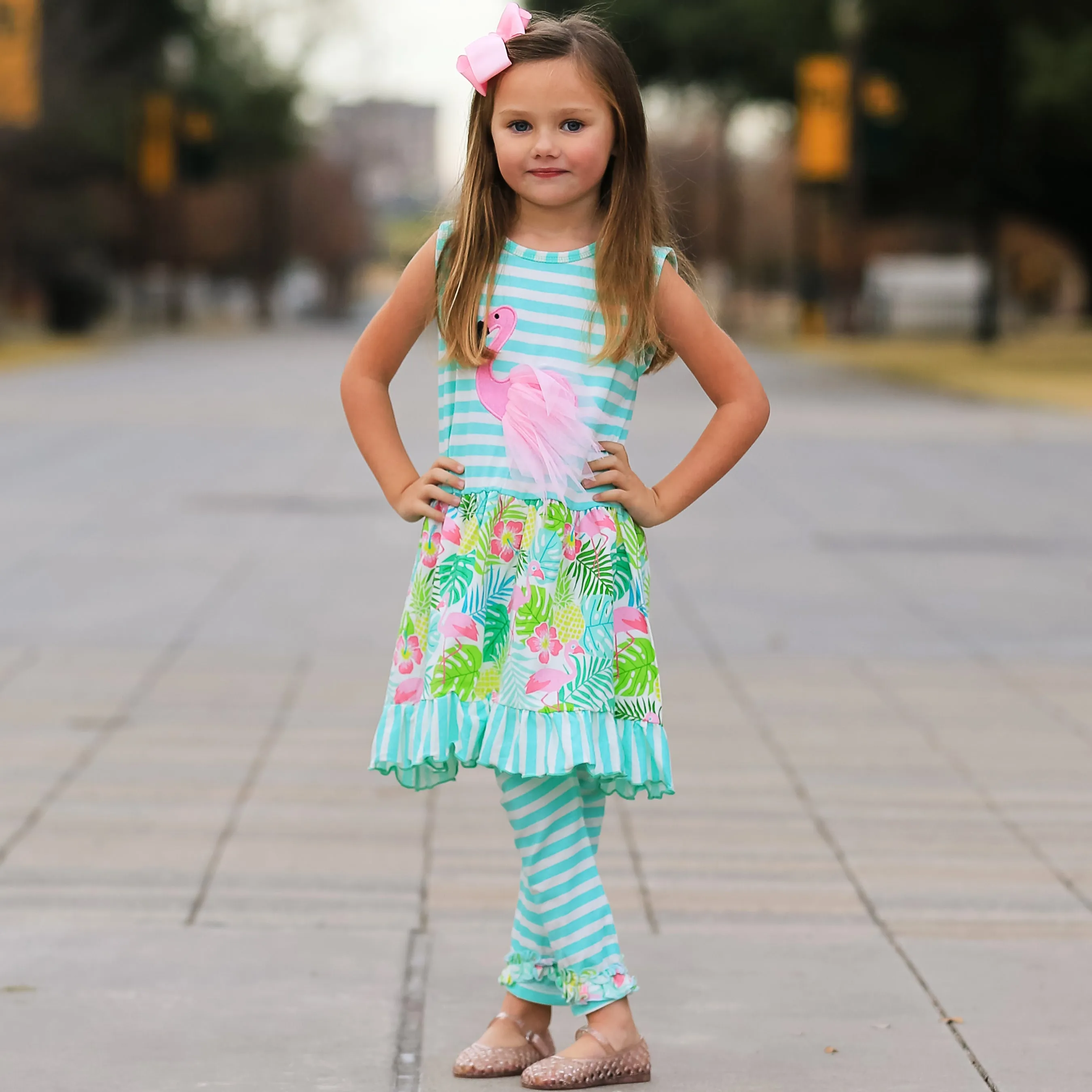 AnnLoren Big Little Toddler Girls' Pink Flamingo Palm Tree Dress & Capri Children's Cruise Wear Outfit