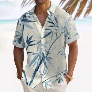 Bamboo Leaf Printed Oversized Shirt Bamboo Linen Short Sleeve Shirt