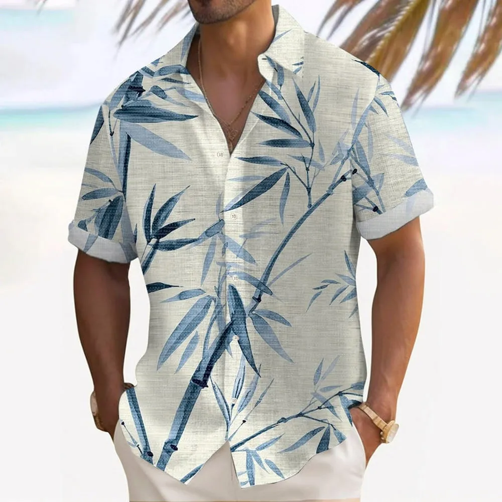 Bamboo Leaf Printed Oversized Shirt Bamboo Linen Short Sleeve Shirt
