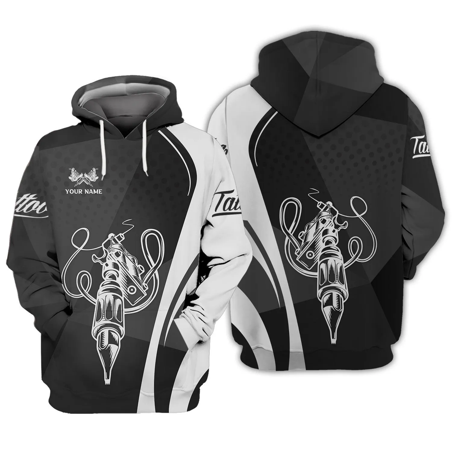 Black & White Tattoo Artist Shop Personalized Name Zipper Hoodie, 3D Hoodie