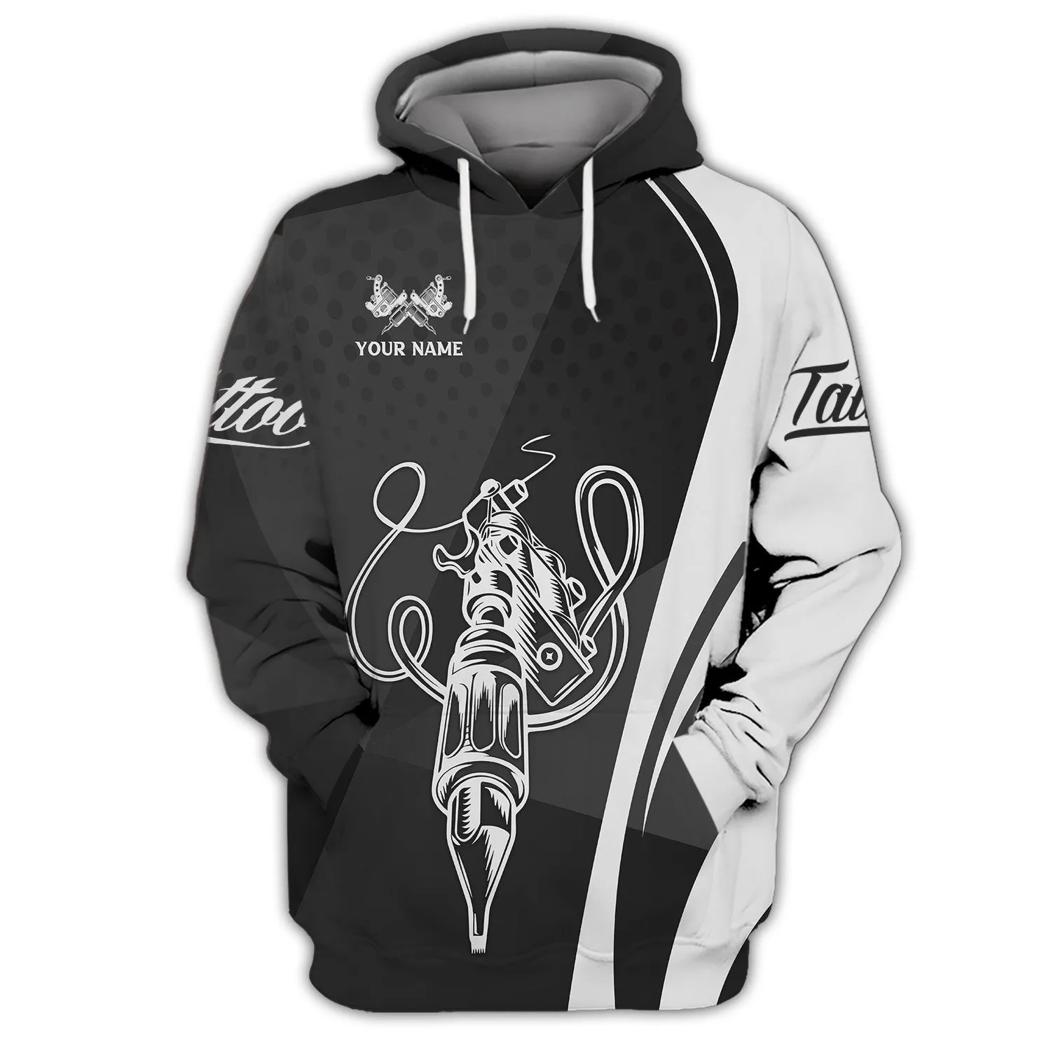 Black & White Tattoo Artist Shop Personalized Name Zipper Hoodie, 3D Hoodie