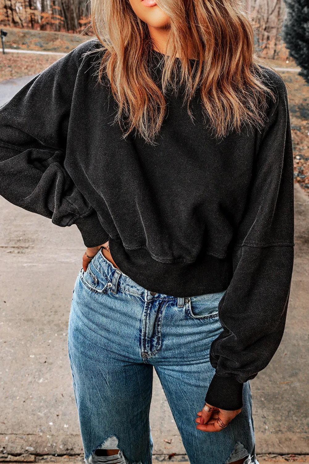 Black One Strap V-shape Open Back Casual Sweatshirt