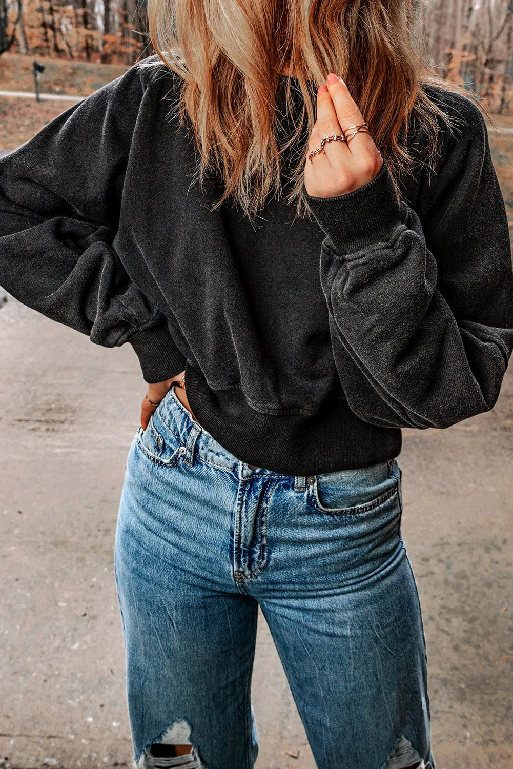 Black One Strap V-shape Open Back Casual Sweatshirt