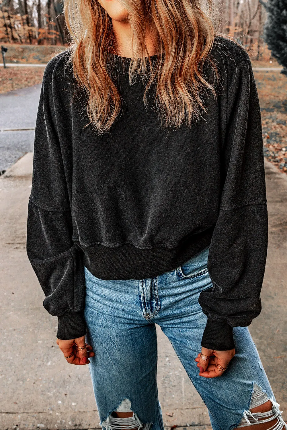 Black One Strap V-shape Open Back Casual Sweatshirt