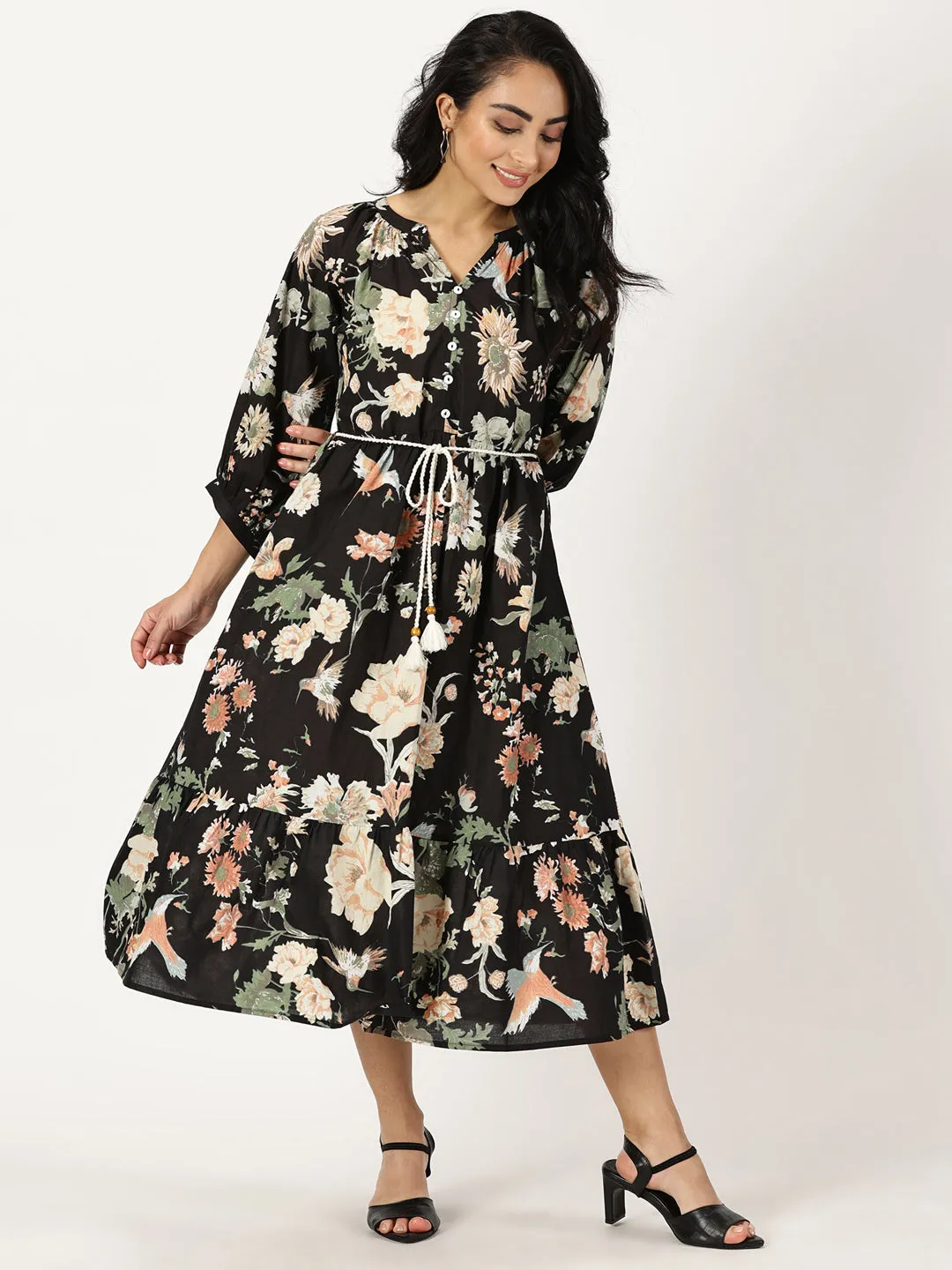 Black Tropical Print Boho Midi Dress