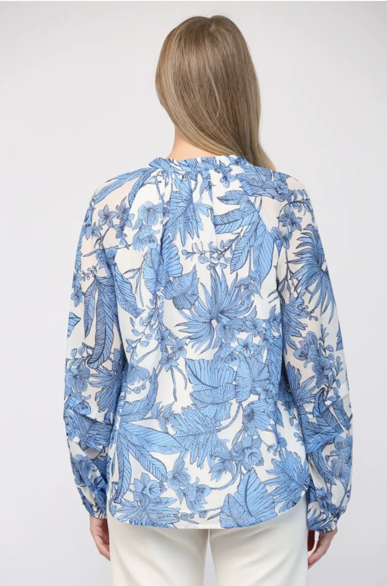 Blue & White Tropical Cotton Blouse