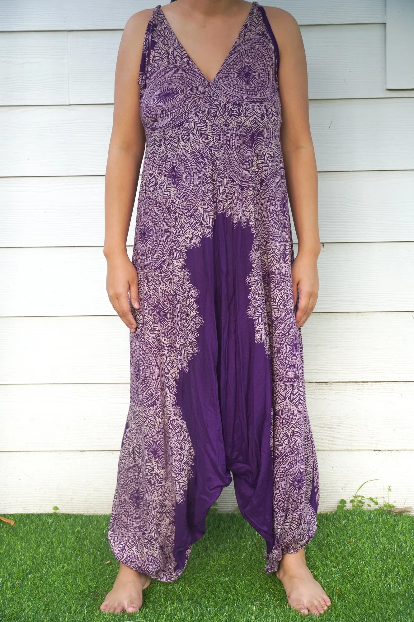 Bohemian Harem Jumpsuit- Purple Mandala Floral Medallion