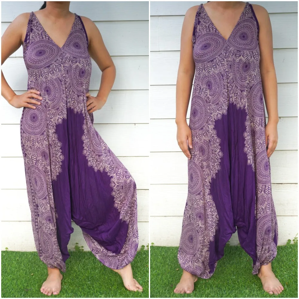 Bohemian Harem Jumpsuit- Purple Mandala Floral Medallion