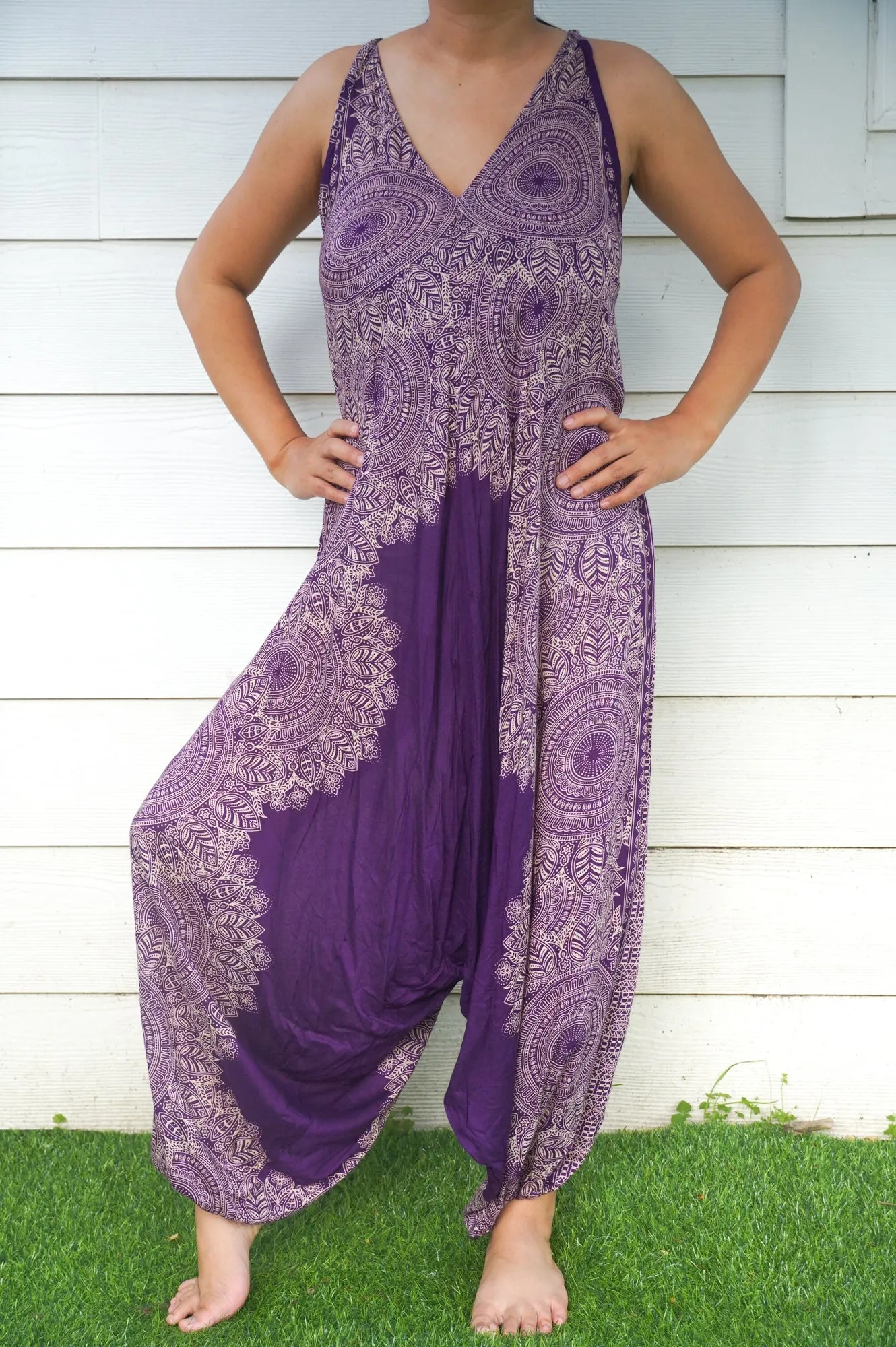 Bohemian Harem Jumpsuit- Purple Mandala Floral Medallion