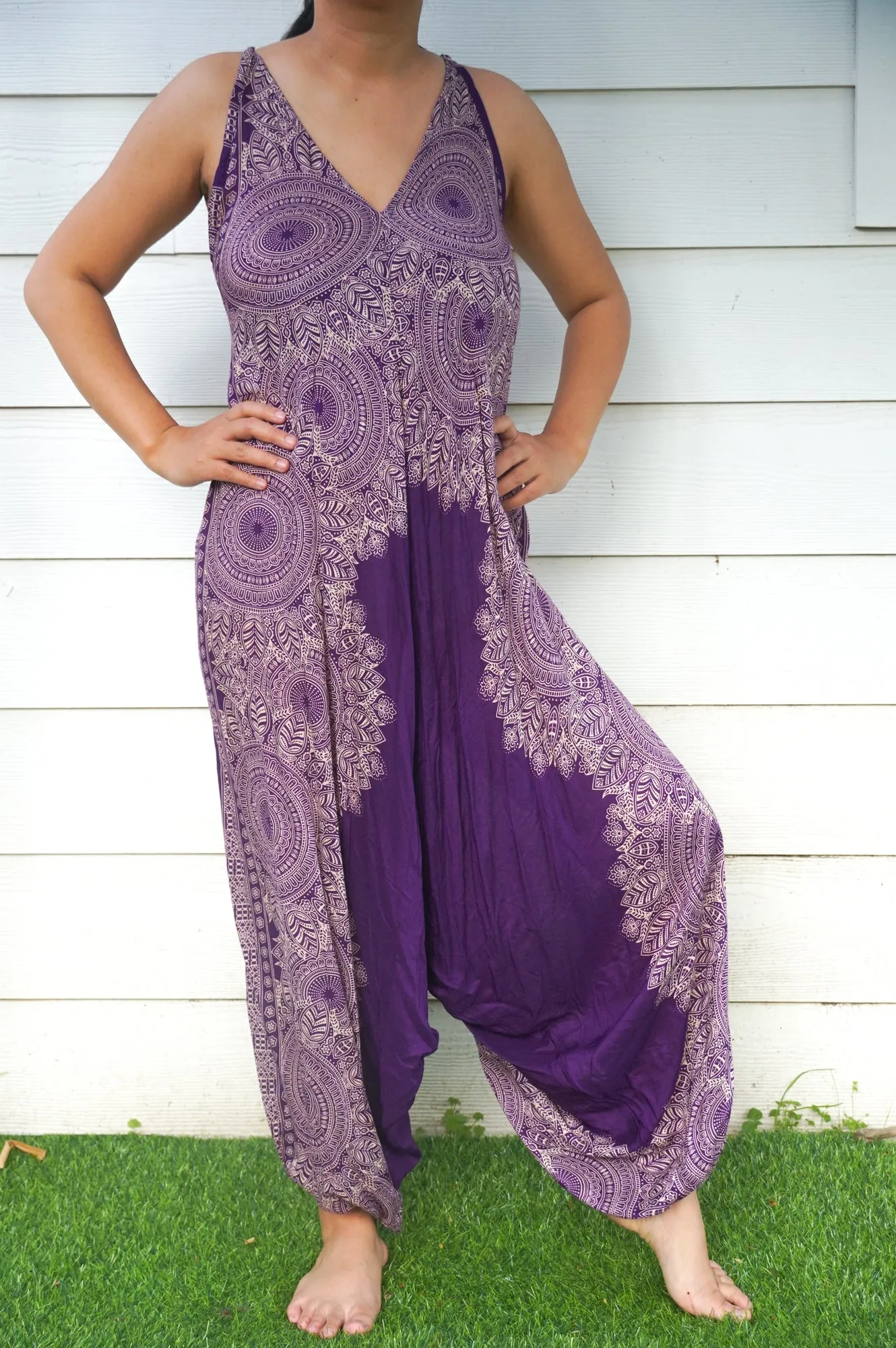 Bohemian Harem Jumpsuit- Purple Mandala Floral Medallion