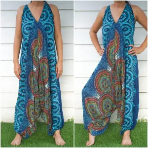Bohemian Harem Jumpsuit- Teal Mandala Medallion