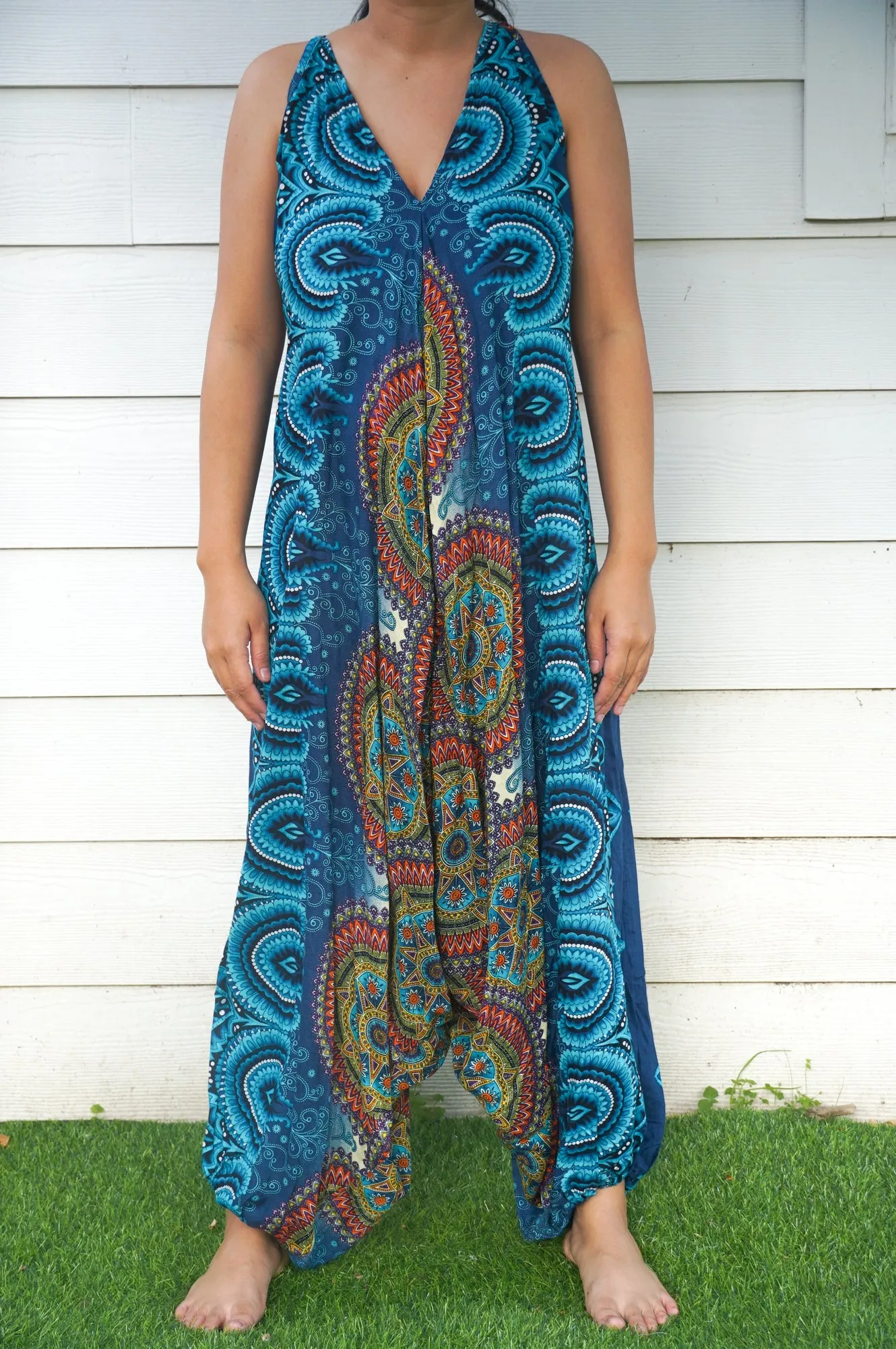 Bohemian Harem Jumpsuit- Teal Mandala Medallion