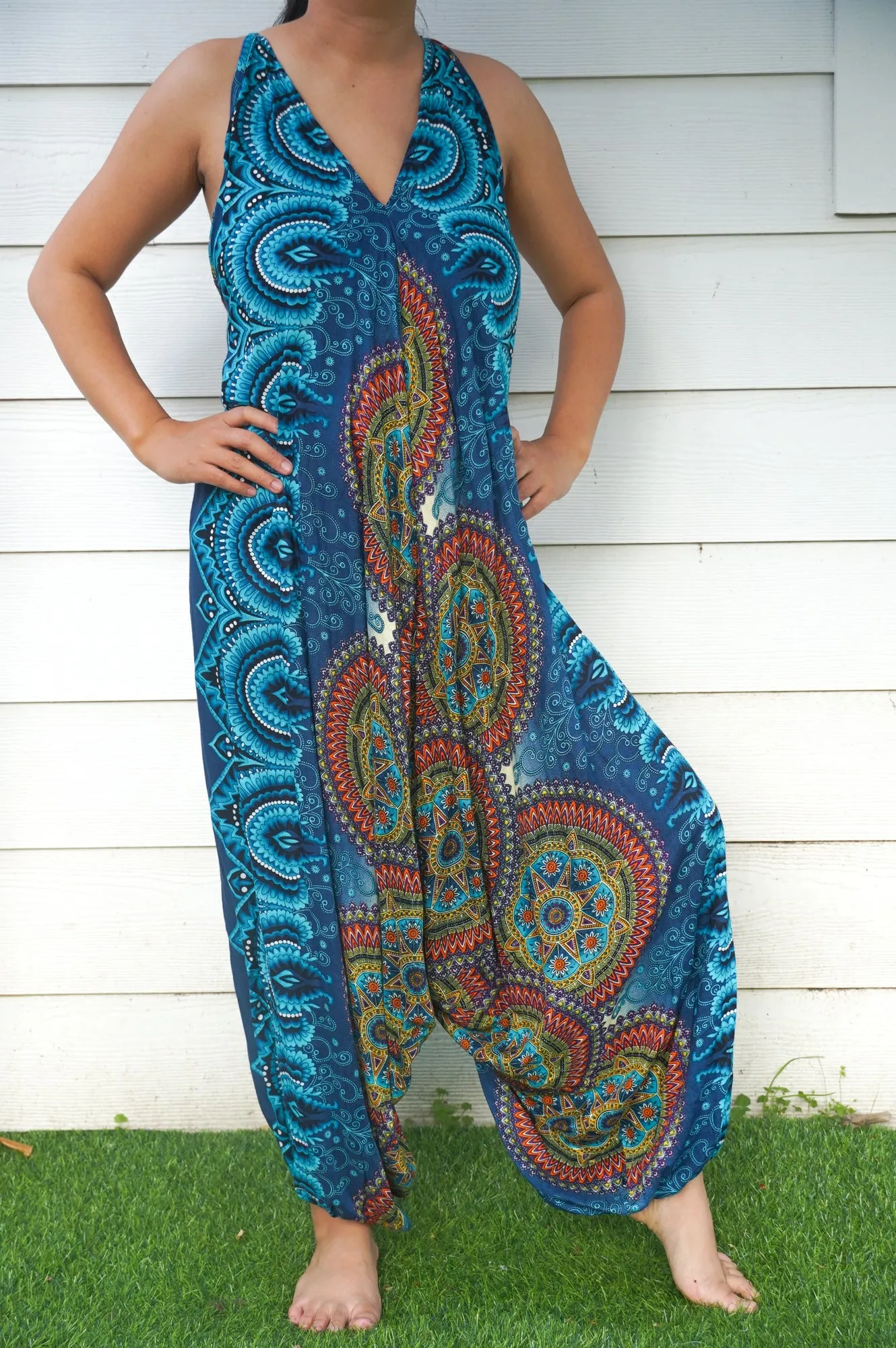 Bohemian Harem Jumpsuit- Teal Mandala Medallion
