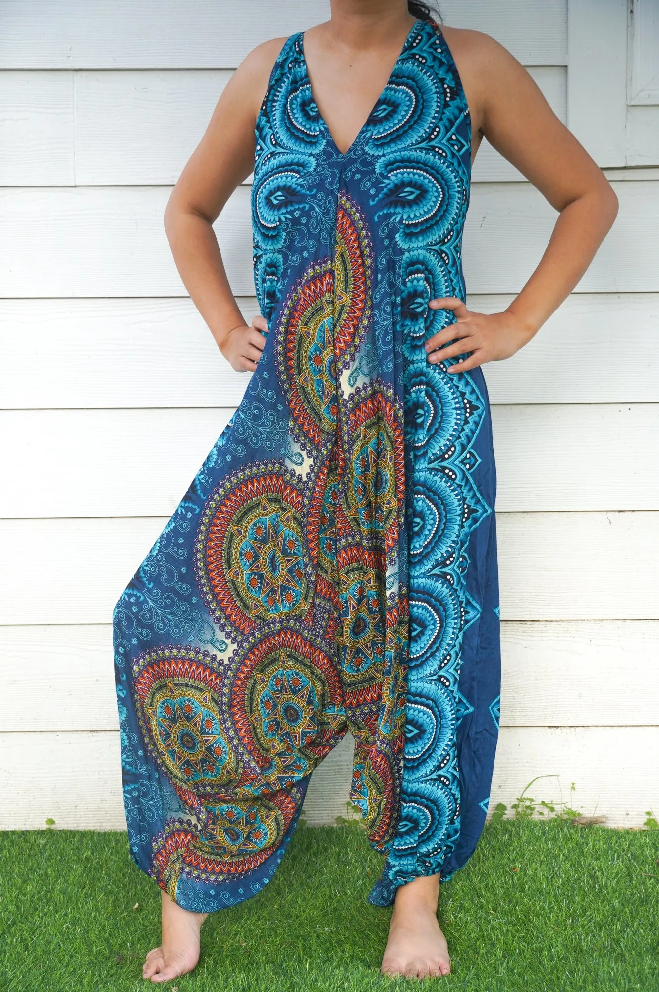 Bohemian Harem Jumpsuit- Teal Mandala Medallion
