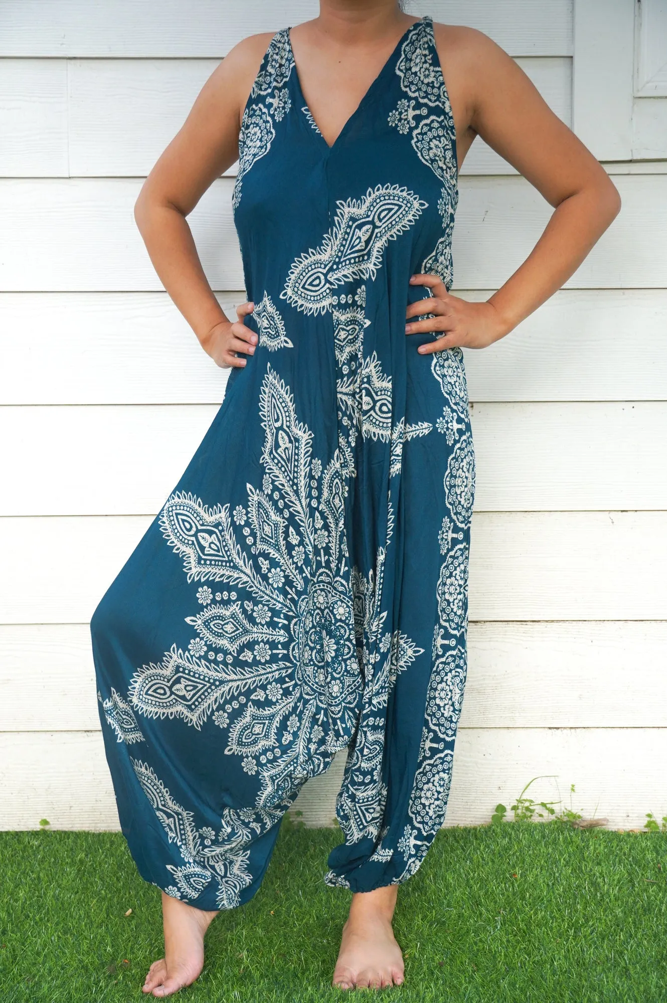 Bohemian Harem Jumpsuit- Teal Mandala Snowflake