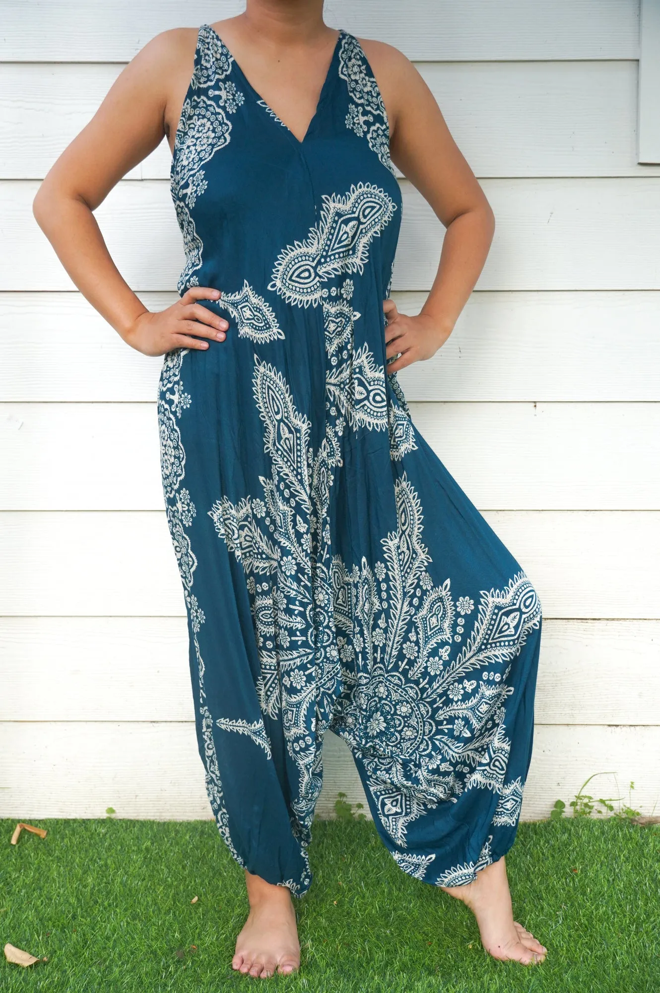 Bohemian Harem Jumpsuit- Teal Mandala Snowflake
