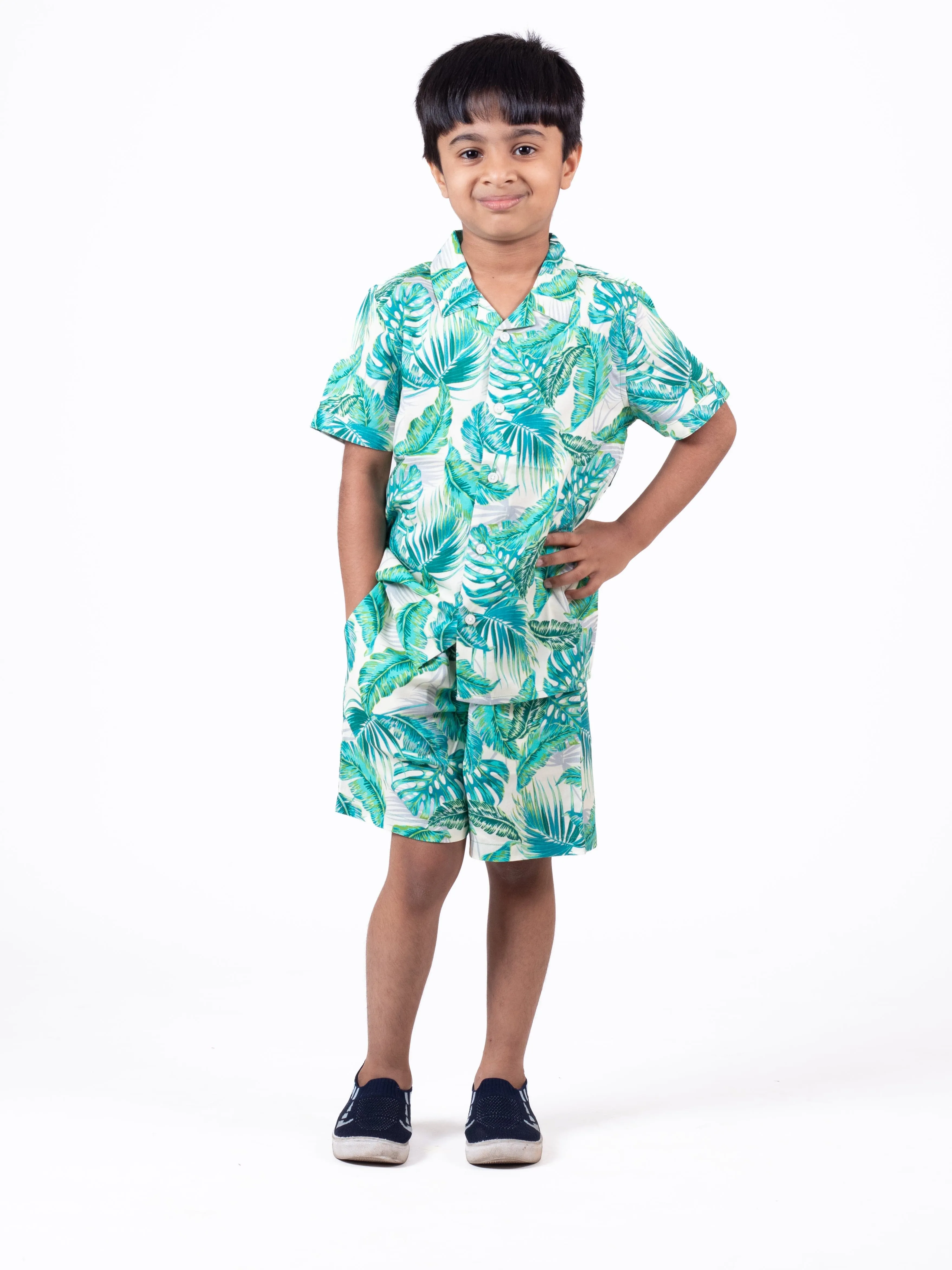 Boys Hawaiian Tropical Printed Shirt & Short Co-Ord Set Ivory