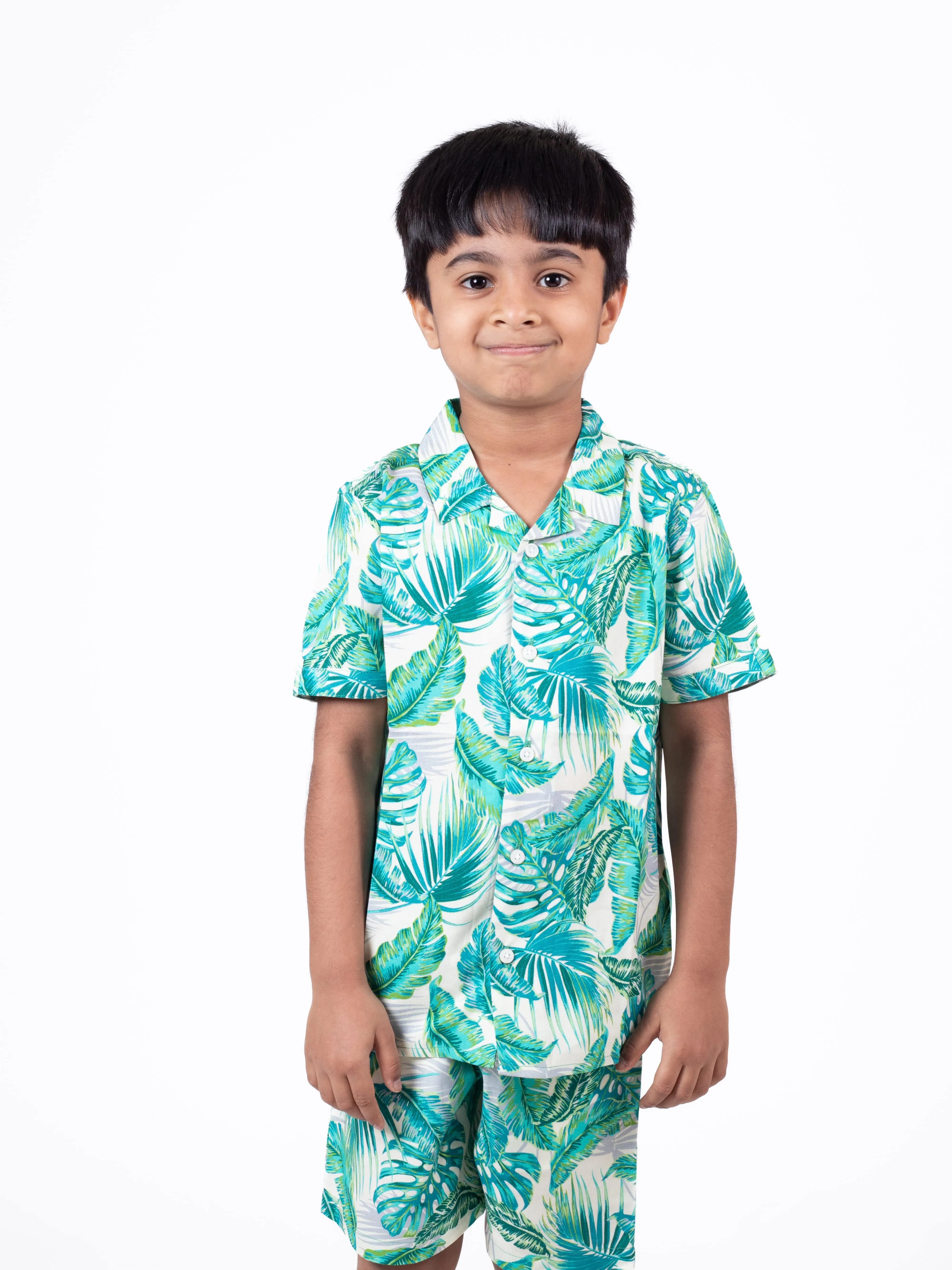 Boys Hawaiian Tropical Printed Shirt & Short Co-Ord Set Ivory