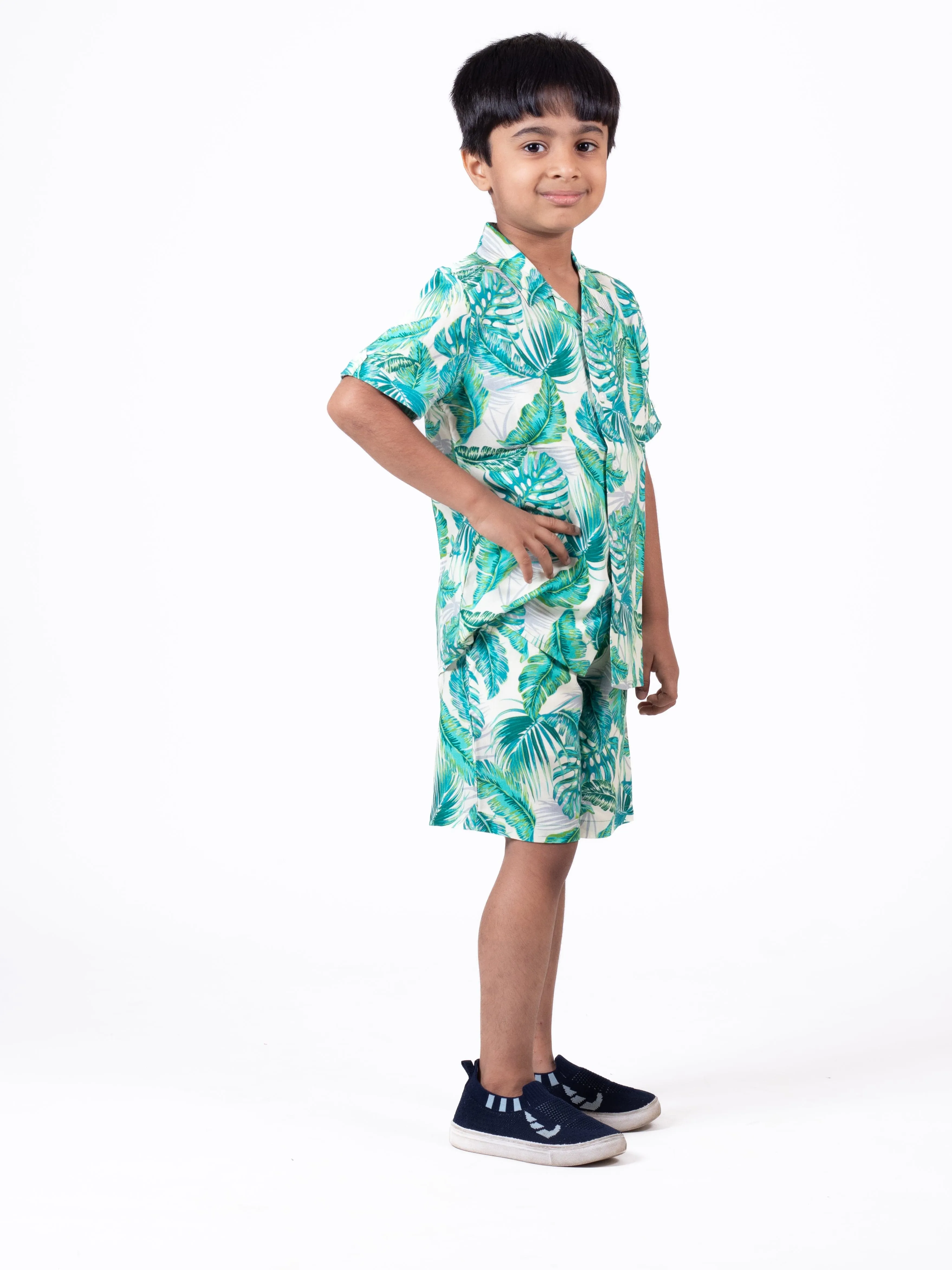 Boys Hawaiian Tropical Printed Shirt & Short Co-Ord Set Ivory