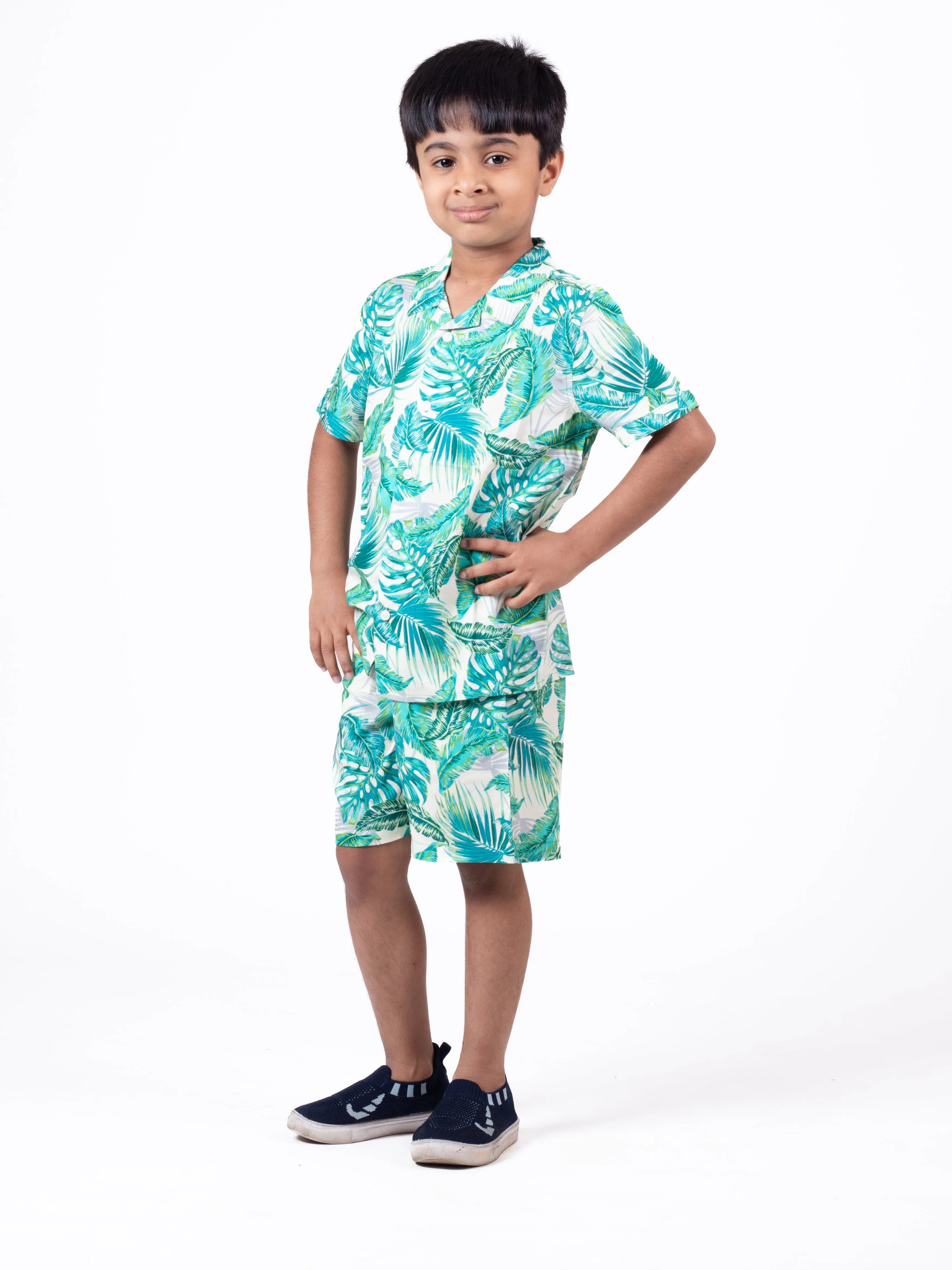 Boys Hawaiian Tropical Printed Shirt & Short Co-Ord Set Ivory