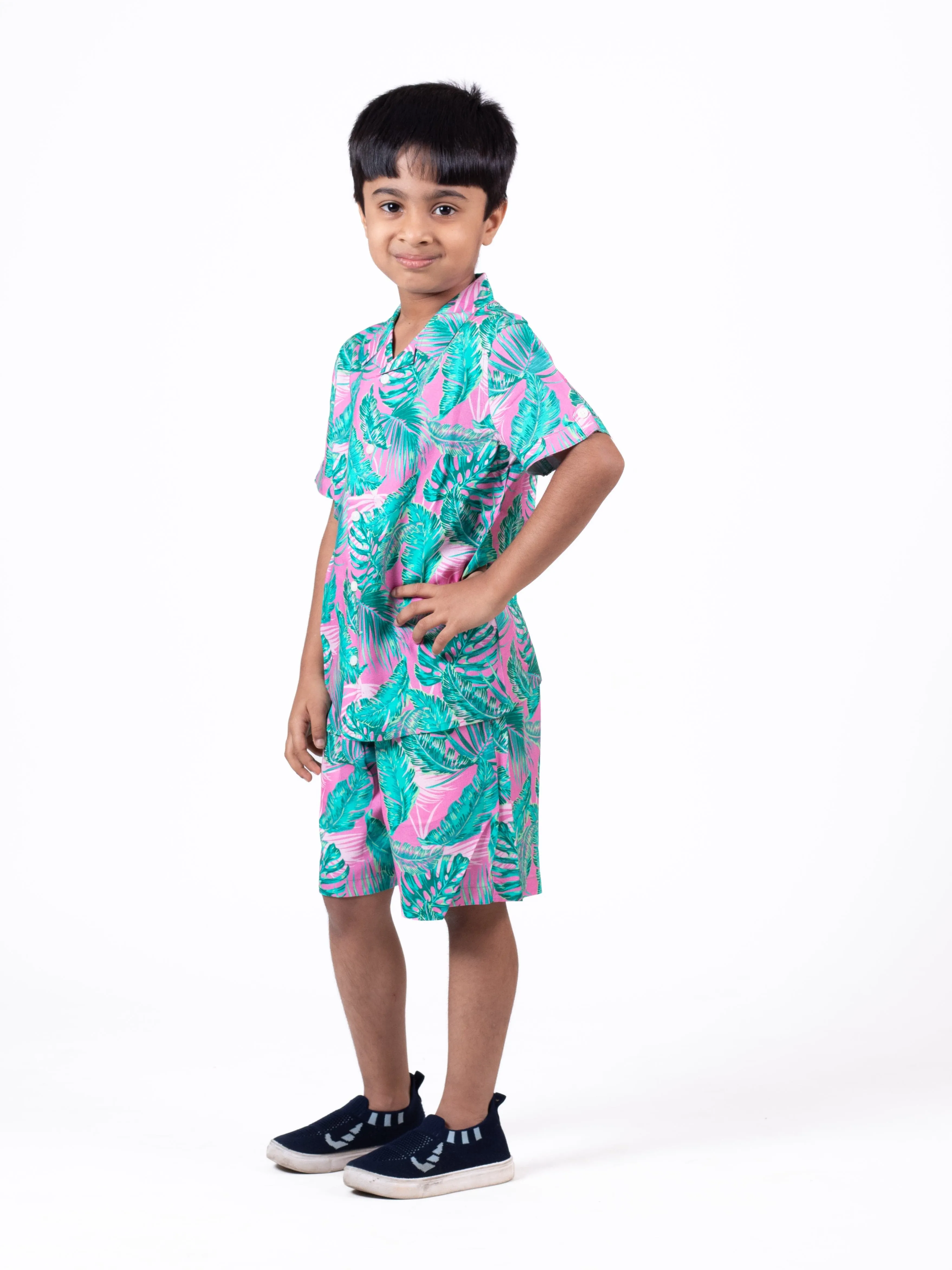 Boys Hawaiian Tropical Printed Shirt & Short Co-Ord Set Pink