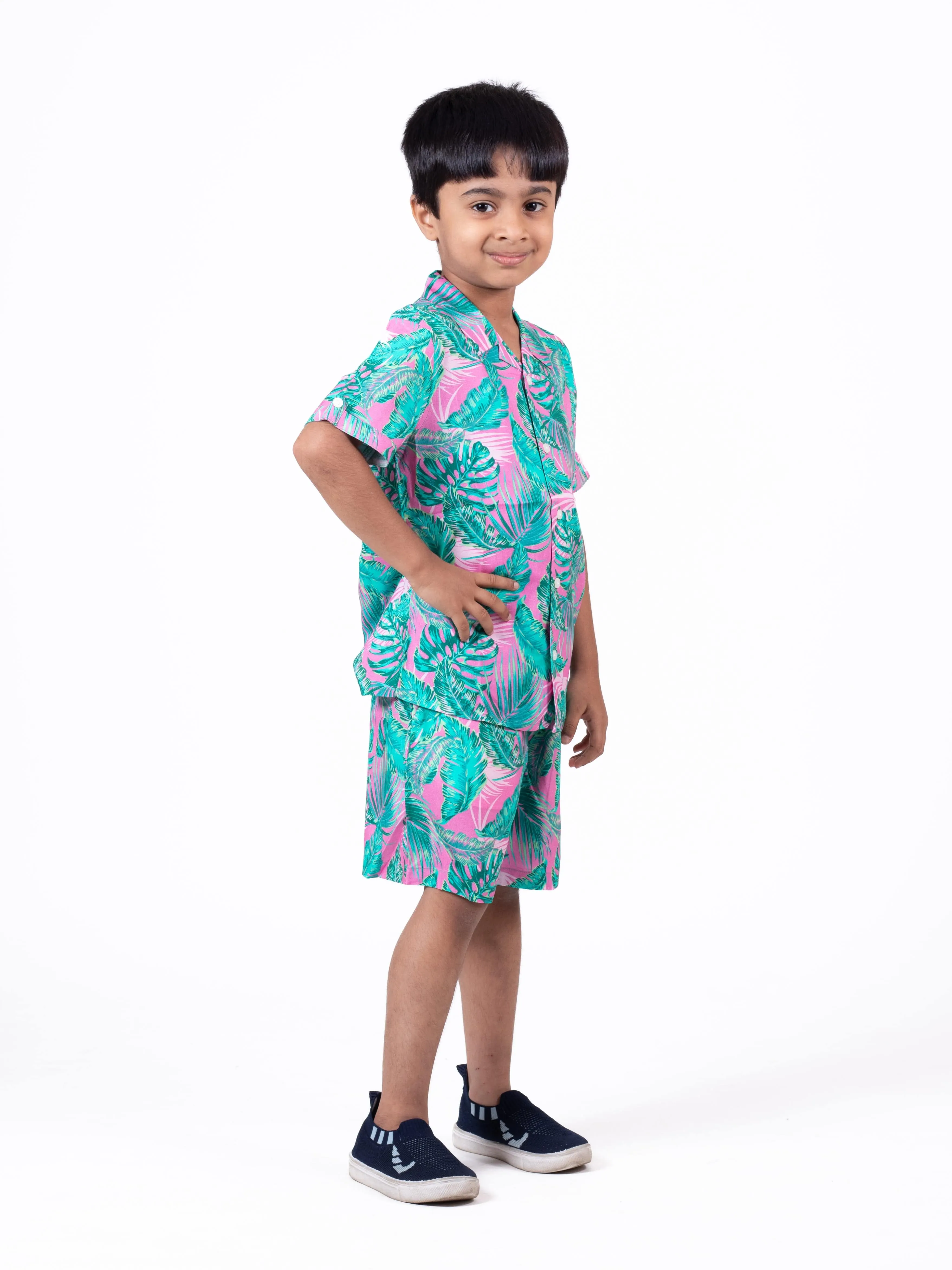 Boys Hawaiian Tropical Printed Shirt & Short Co-Ord Set Pink