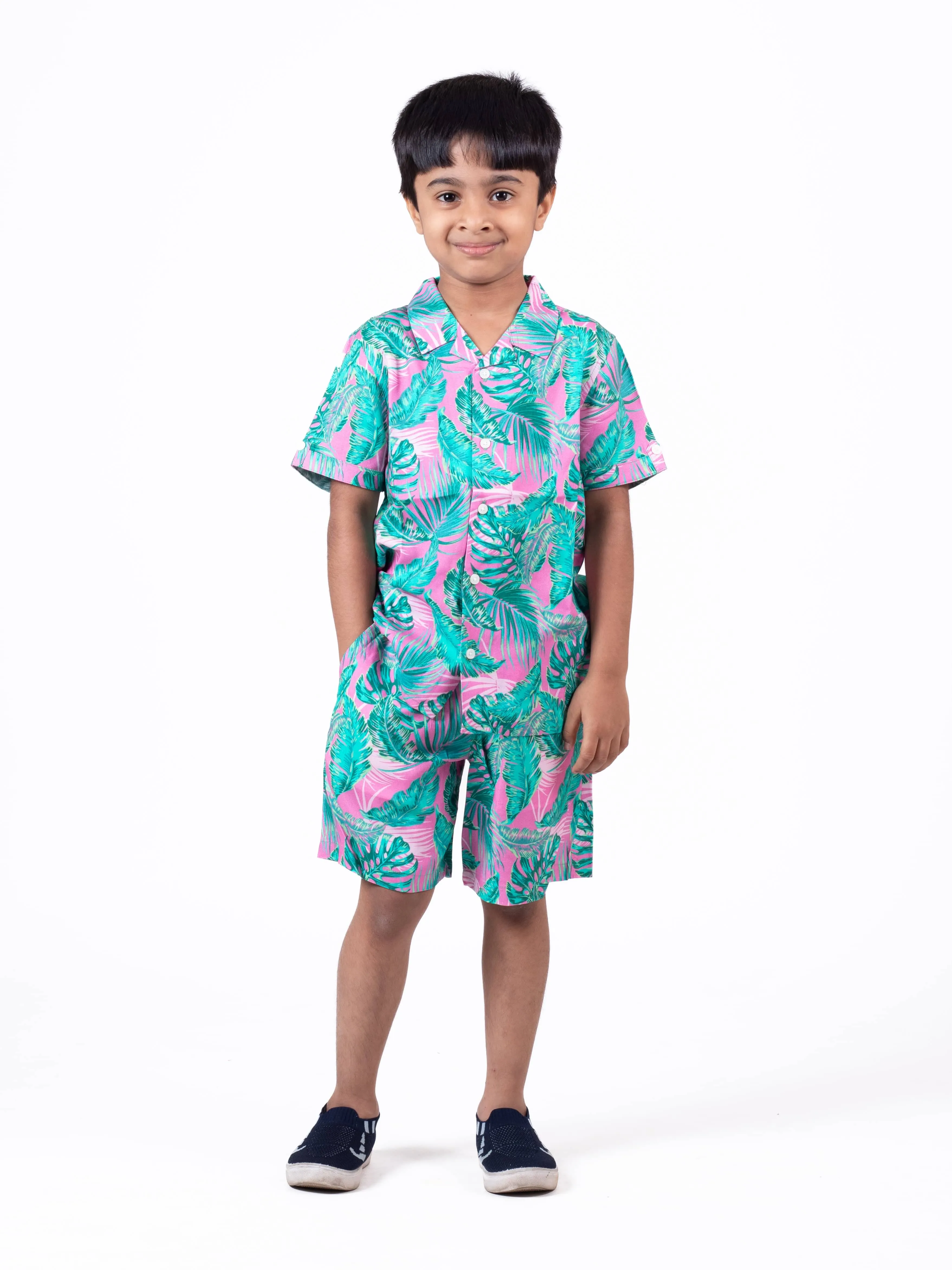 Boys Hawaiian Tropical Printed Shirt & Short Co-Ord Set Pink