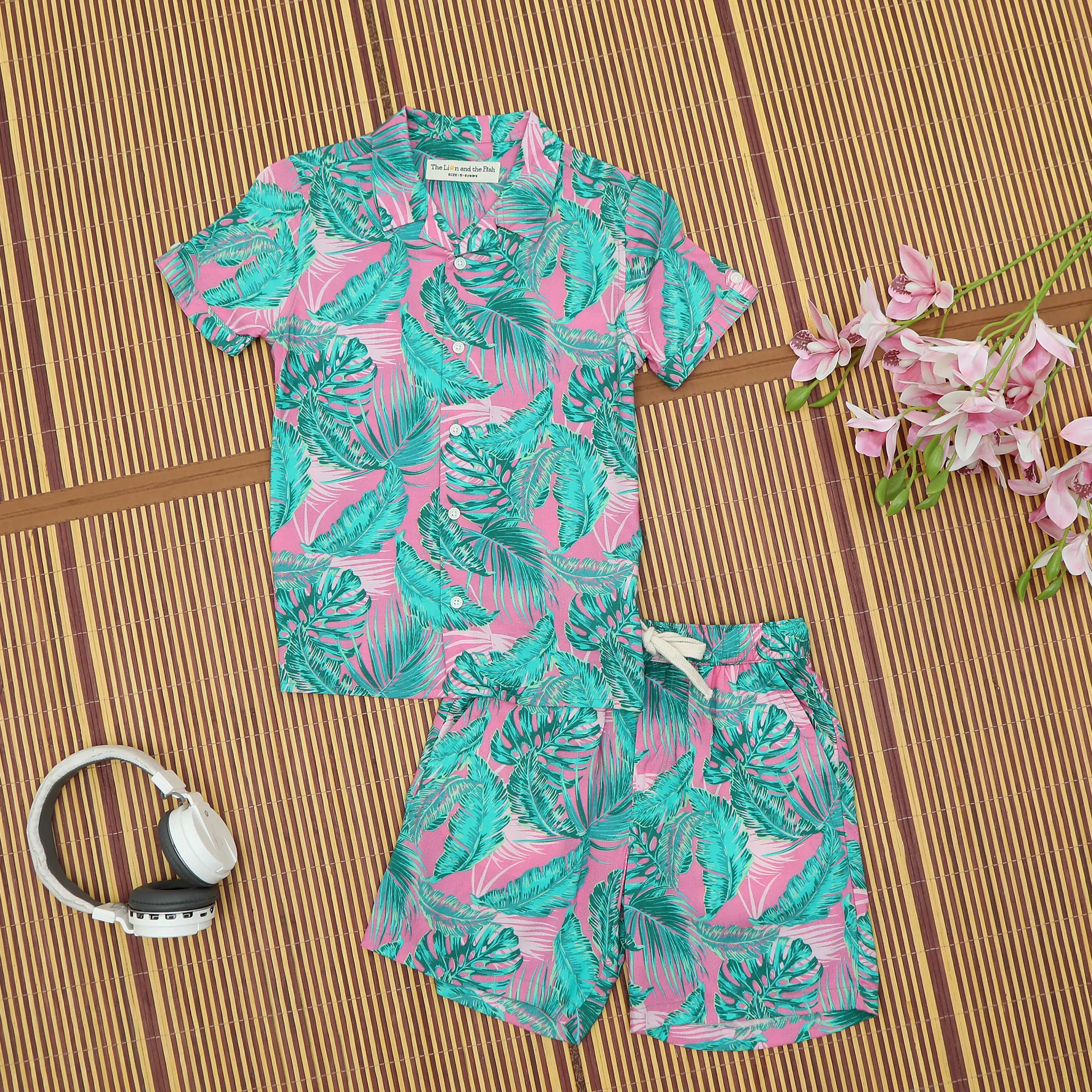 Boys Hawaiian Tropical Printed Shirt & Short Co-Ord Set Pink