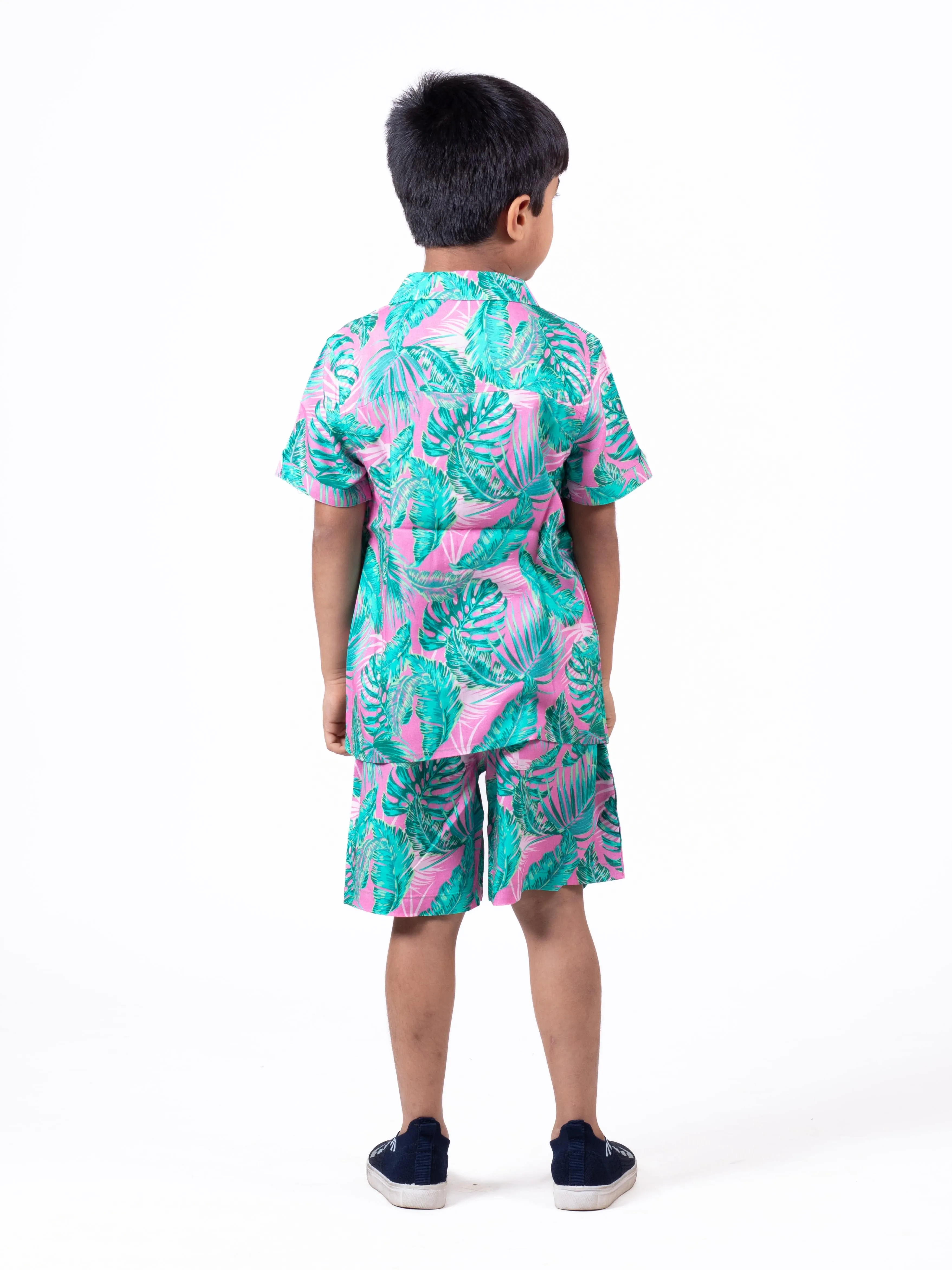Boys Hawaiian Tropical Printed Shirt & Short Co-Ord Set Pink