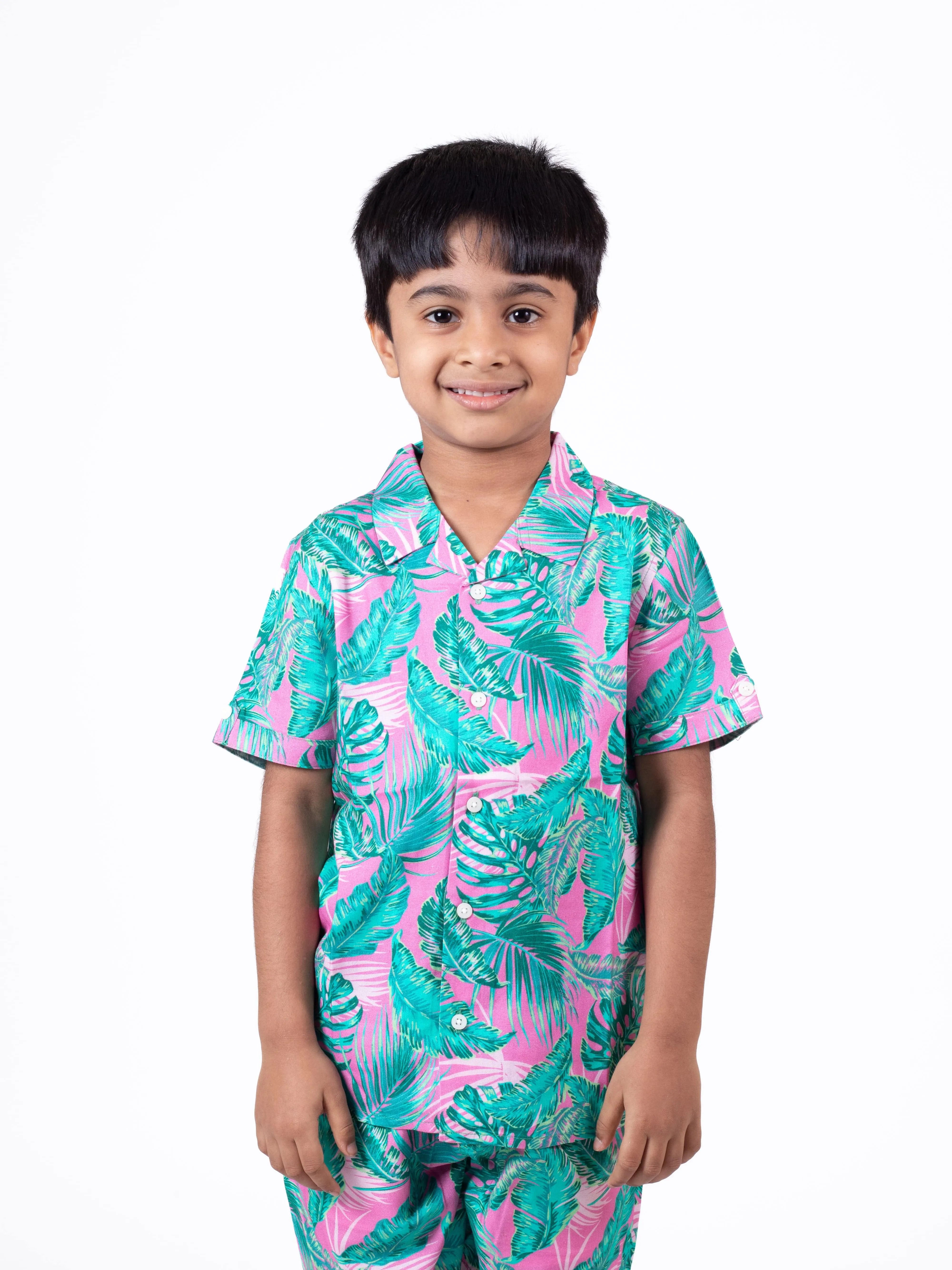 Boys Hawaiian Tropical Printed Shirt & Short Co-Ord Set Pink