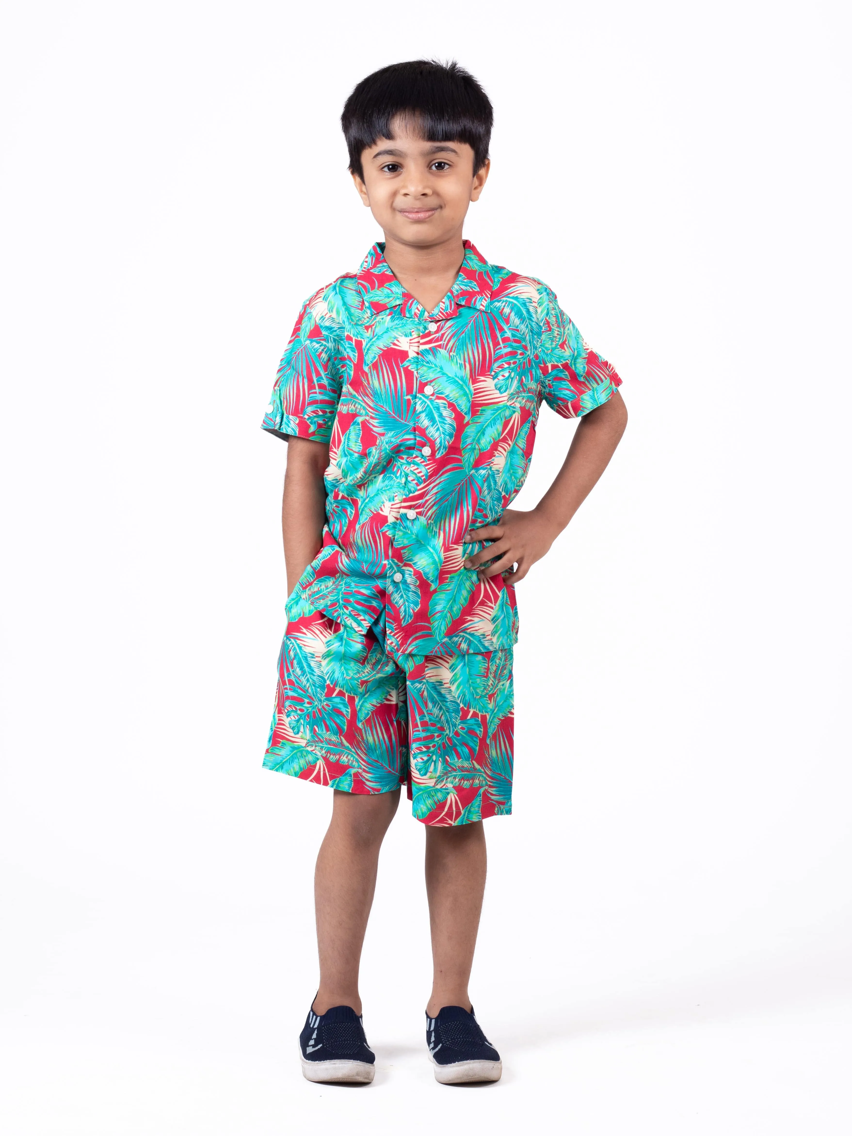 Boys Hawaiian Tropical Printed Shirt & Short Co-Ord Set Red