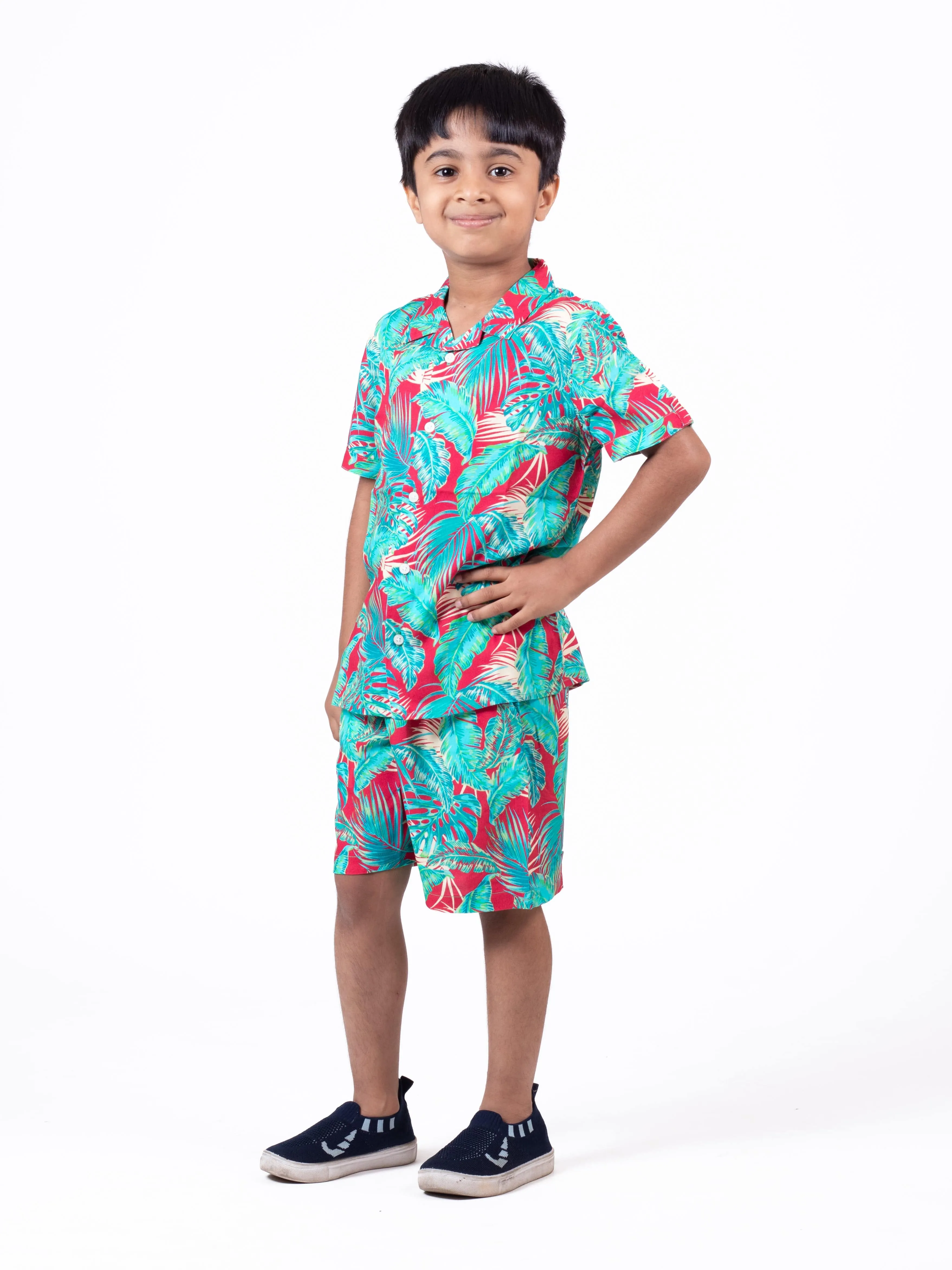 Boys Hawaiian Tropical Printed Shirt & Short Co-Ord Set Red