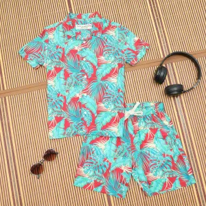 Boys Hawaiian Tropical Printed Shirt & Short Co-Ord Set Red