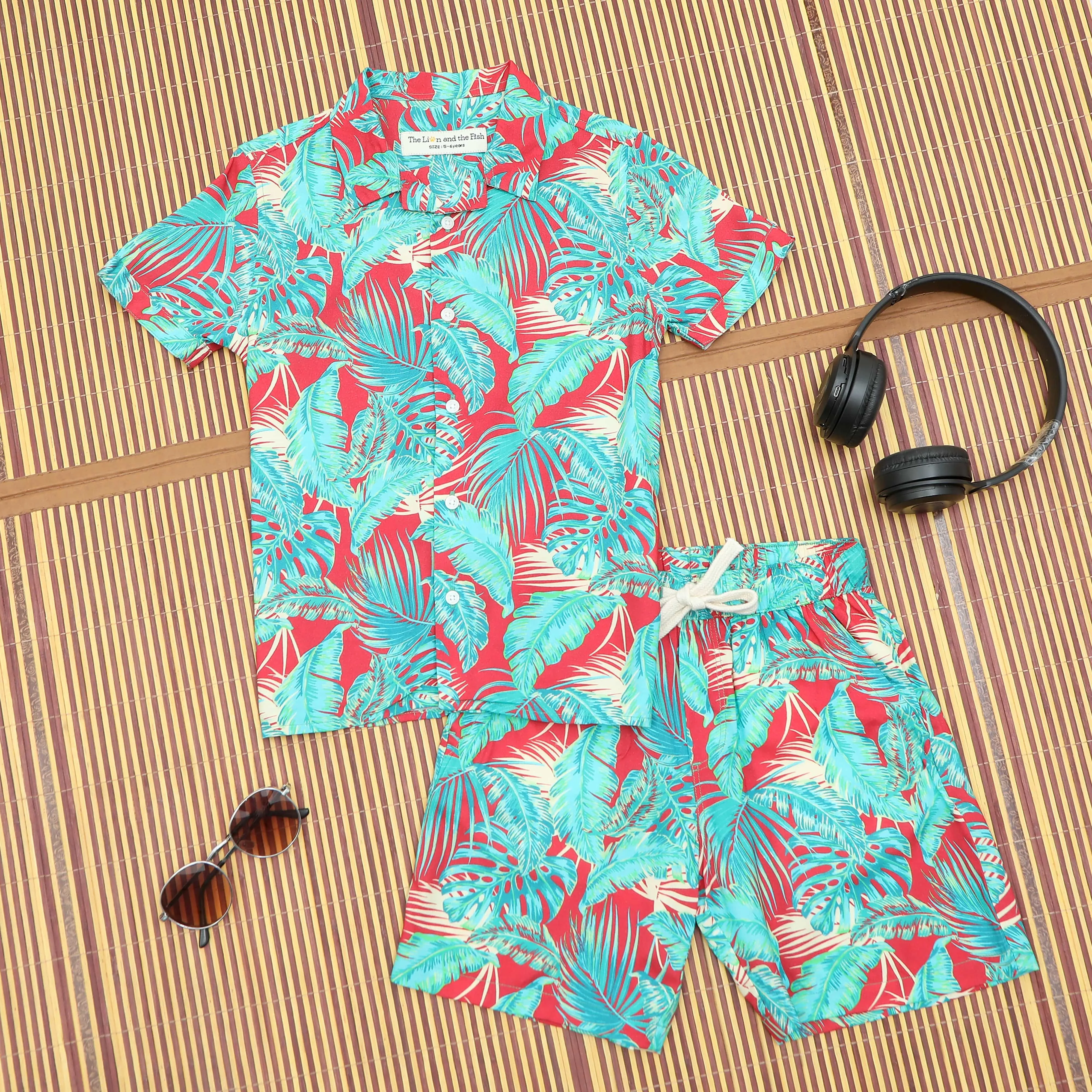 Boys Hawaiian Tropical Printed Shirt & Short Co-Ord Set Red