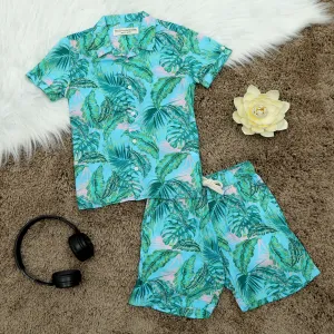 Boys Hawaiian Tropical Printed Shirt & Short Co-Ord Set Sky Blue